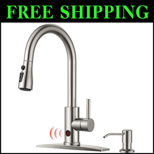 Touchless Kitchen Faucet with Soap Dispenser - Brushed Nickel, Hands-Free Luxury