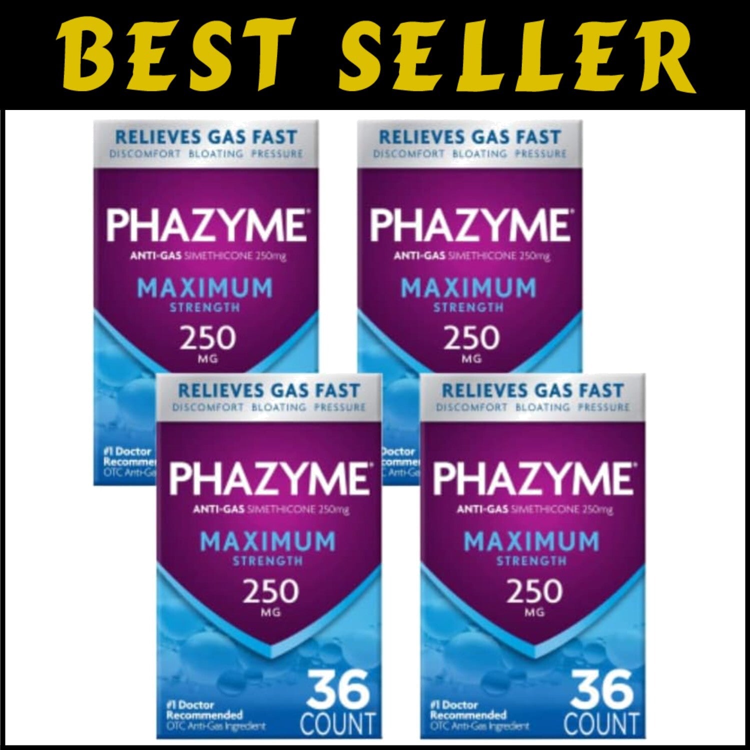 Fast-Acting Gas and Bloating Relief | 250 mg Simethicone - 36 GELS (Pack of 4)