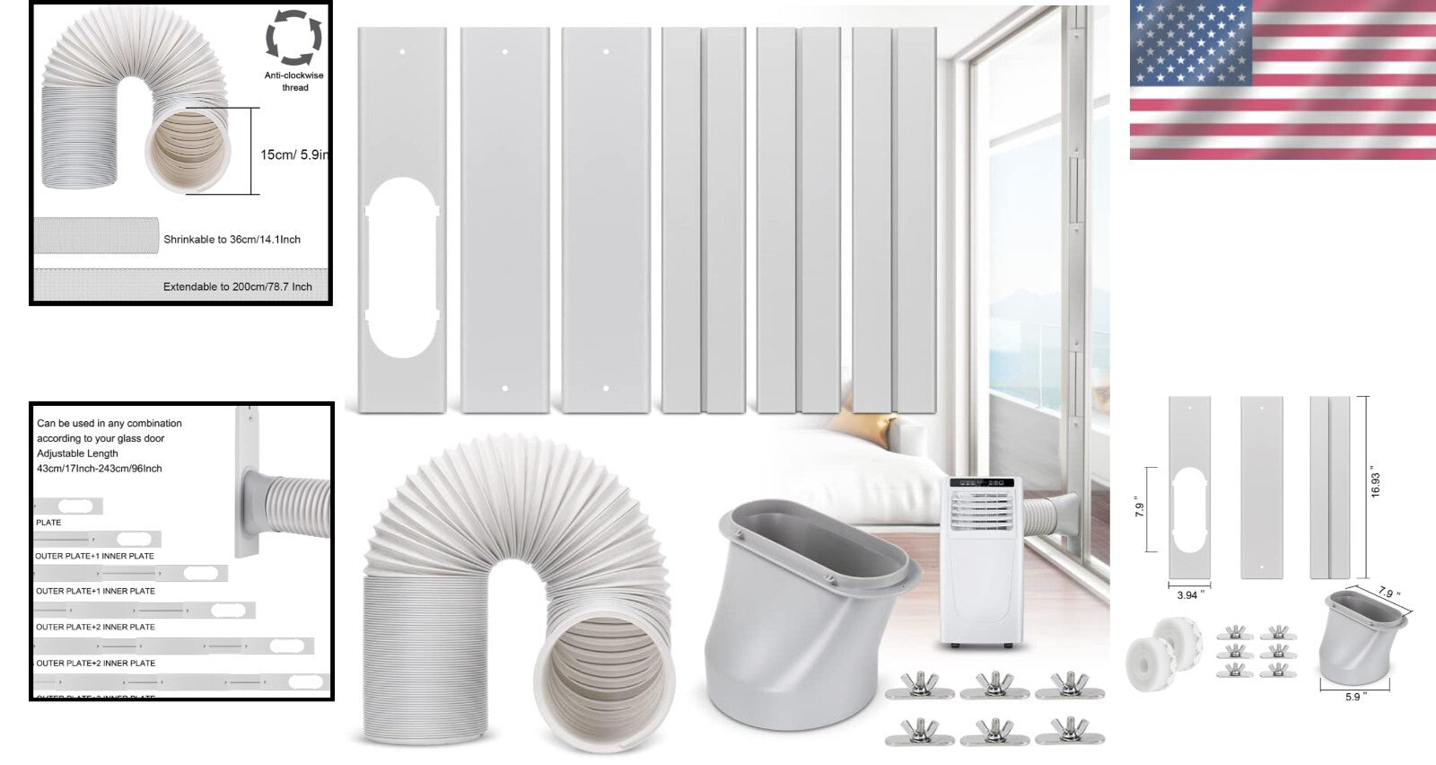 Adjustable Portable AC Window Vent Kit - 5.9 Inch Exhaust Hose, 78.7 Inch Length