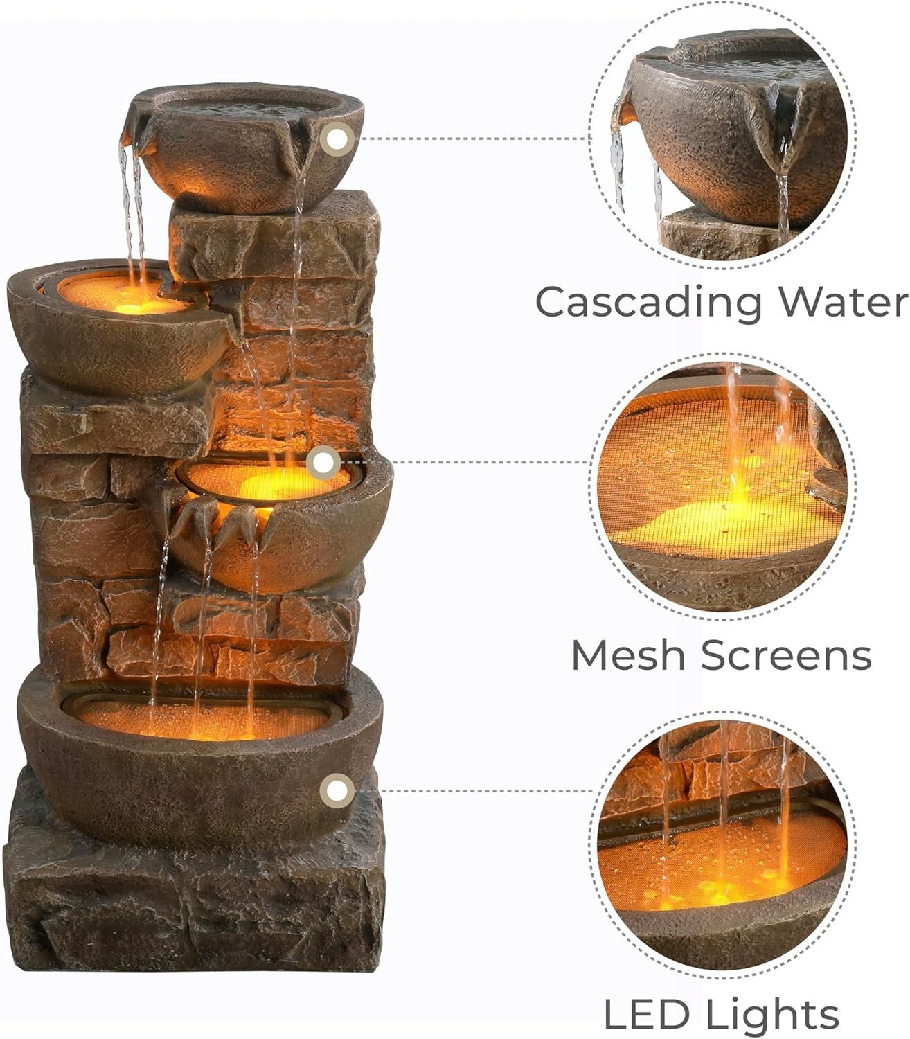5.51-Gallon Cascading Bowls Garden Fountain with LED Lights - Relaxing Ambiance
