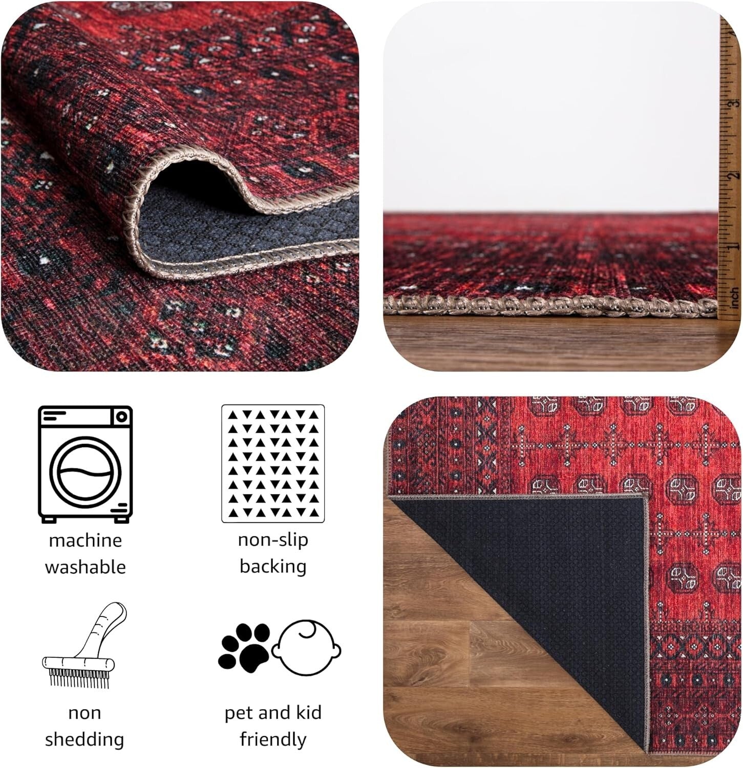 Durable Machine Washable Rug 2x10 - Red Geometric Pattern for High Traffic Areas