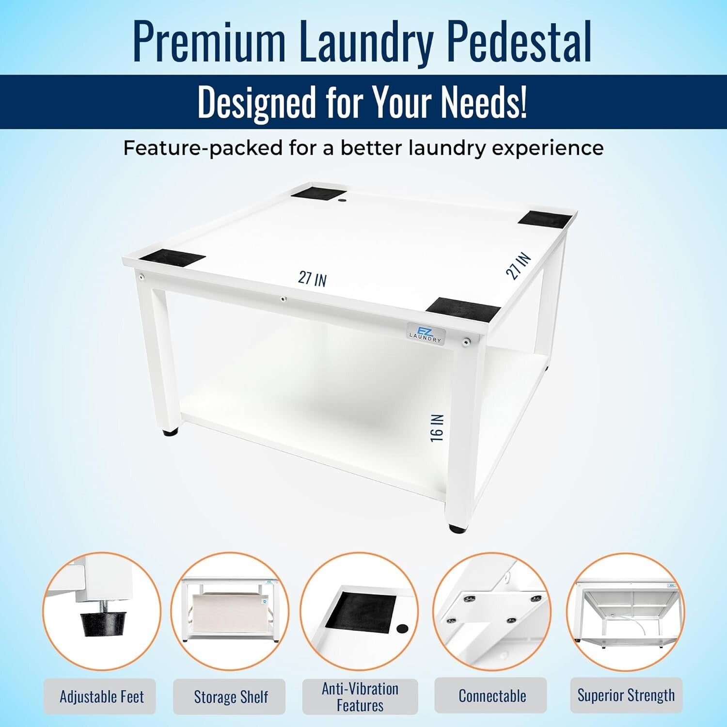 Reinforced Steel Laundry Pedestal - Ergonomic 16" Height, Leak-Proof System