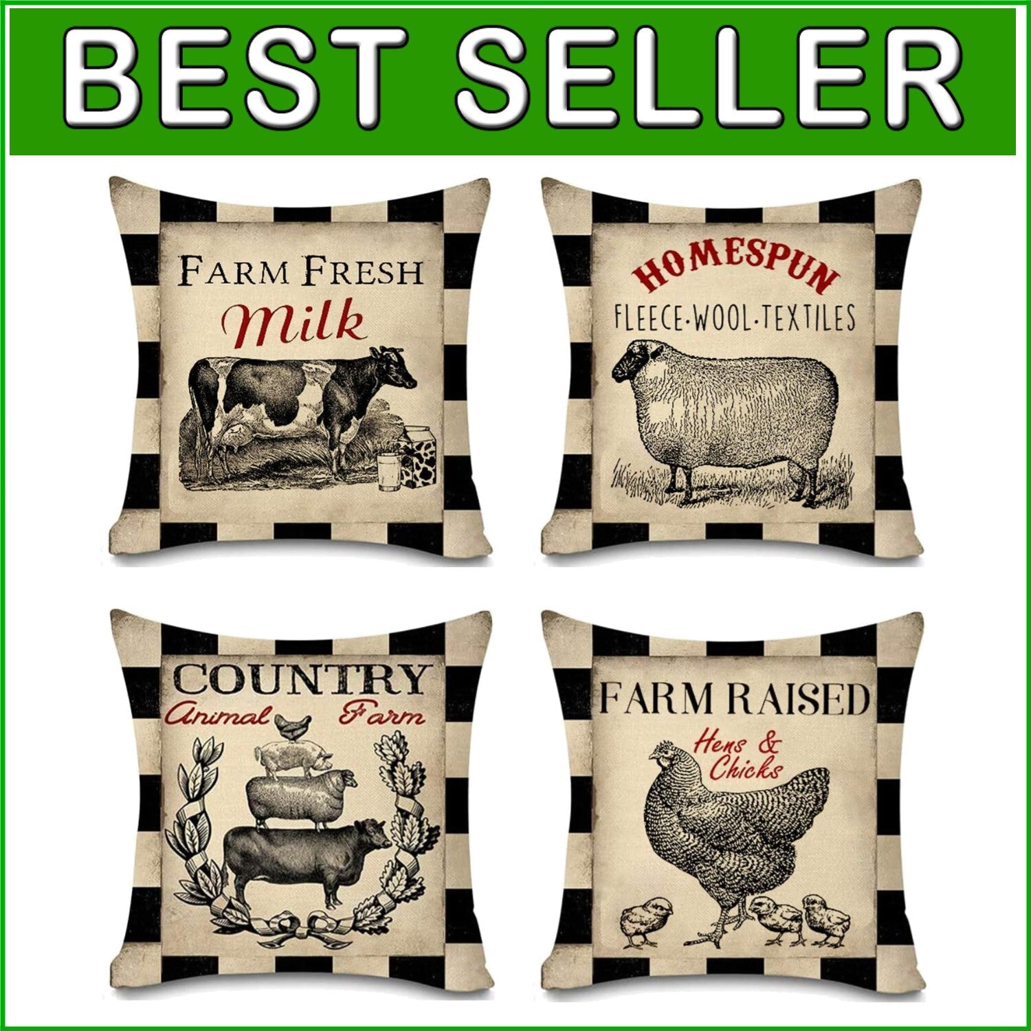 Cozy Farmhouse Throw Pillow Covers 18x18 Set of 4 - Sheep, Chicken, Cow