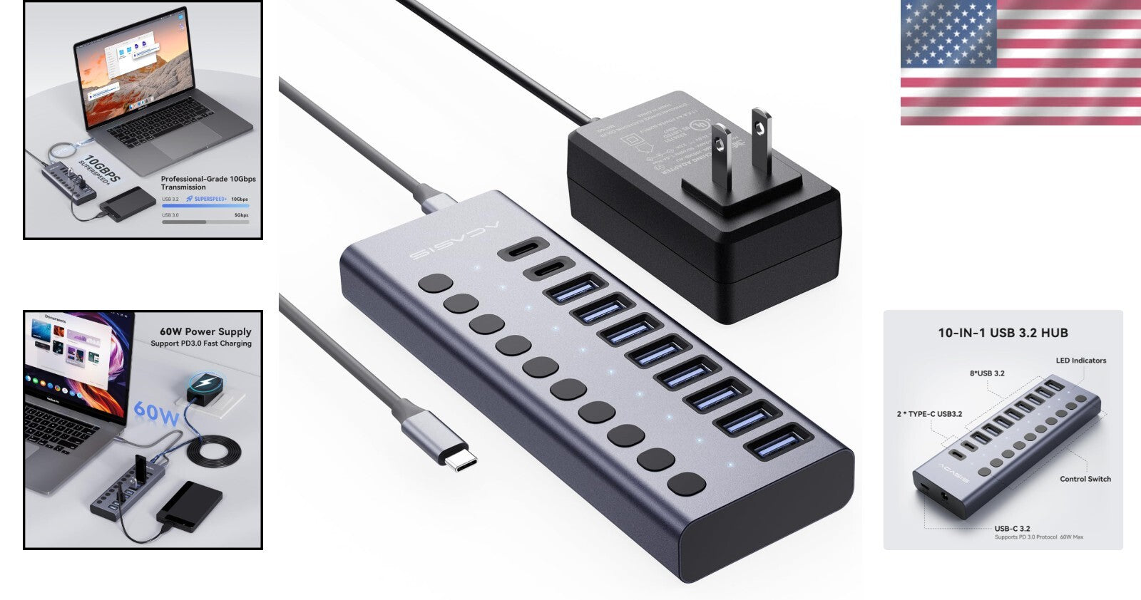 High-Speed USB 3.2 Hub: 10 Ports with Fast 10Gbps Data Transfer & Power Adapter
