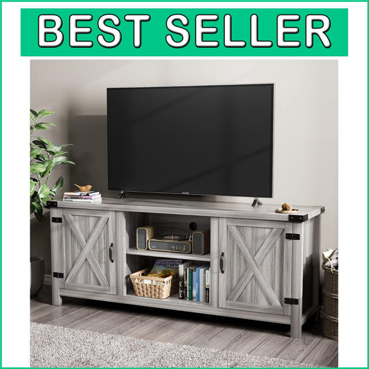 58-Inch Gray Wash Entertainment Center with Adjustable Shelves and Storage