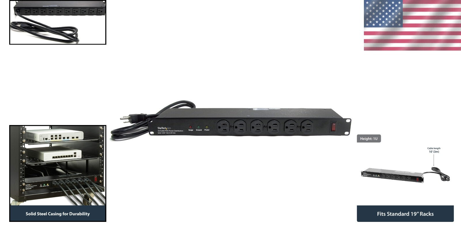 High-Durability 1U Surge Protector PDU with 16 Power Outlets and LED Indicators