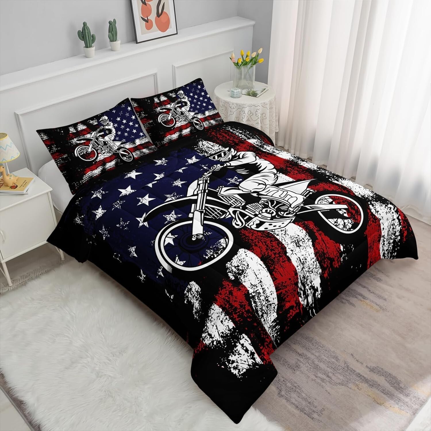 Vibrant Dirt Bike Quilt and Pillowcases Set - Perfect Bedding for Motocross Fans