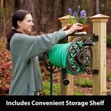 Load image into Gallery viewer, Compact Wall-Mounted Bronze Garden Hose Reel - Includes Tool Shelf &amp; Leader Hose