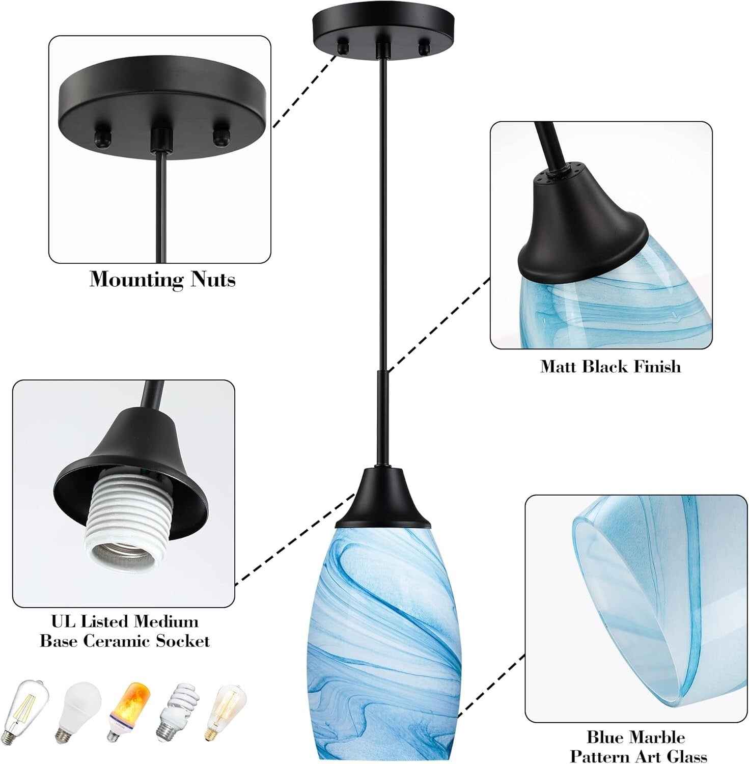 Elegant Blue Marble Art Glass Pendant Lighting - 3-Pack Adjustable Fixtures