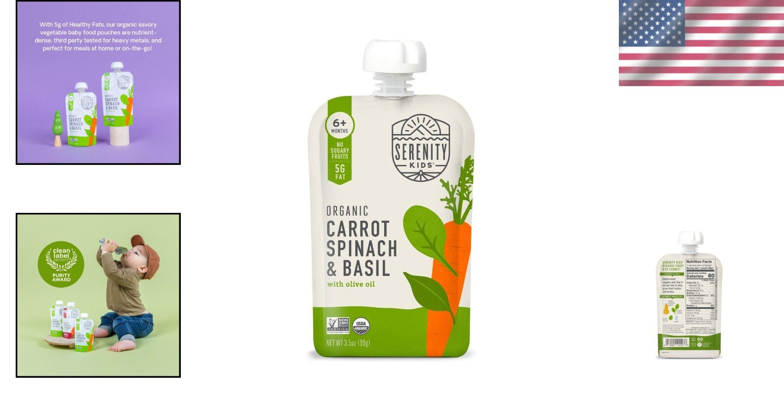 BPA-Free Organic Baby Food Pouches - 3.5 Oz Puree with Carrot, Spinach & Basil