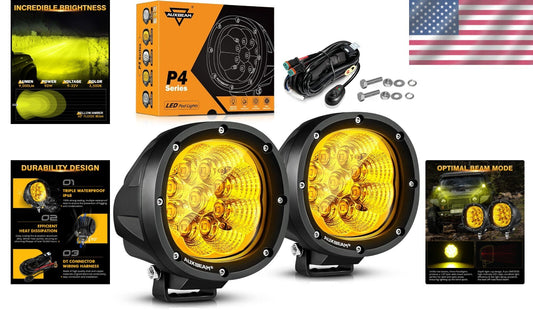 Super Bright LED Offroad Flood Beam Round Pods - 4 Inch 90W Amber Light Pair