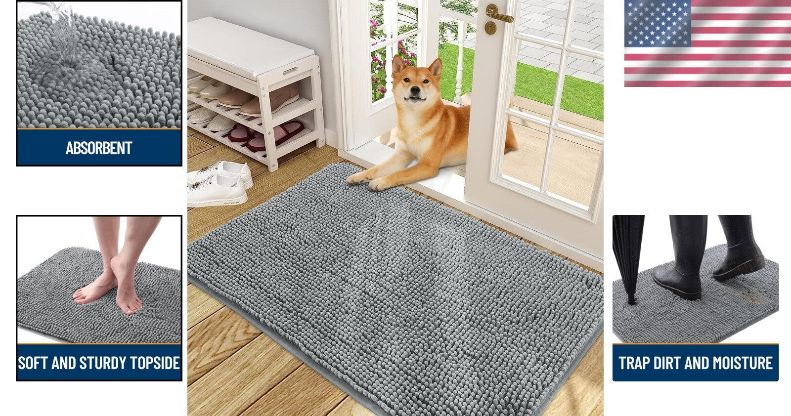 48x30 Absorbent Chenille Dog Door Mat - Soft Grey Non-Slip Entryway Rug