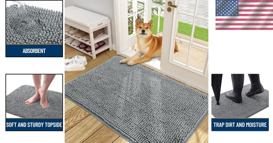 48x30 Absorbent Chenille Dog Door Mat - Soft Grey Non-Slip Entryway Rug