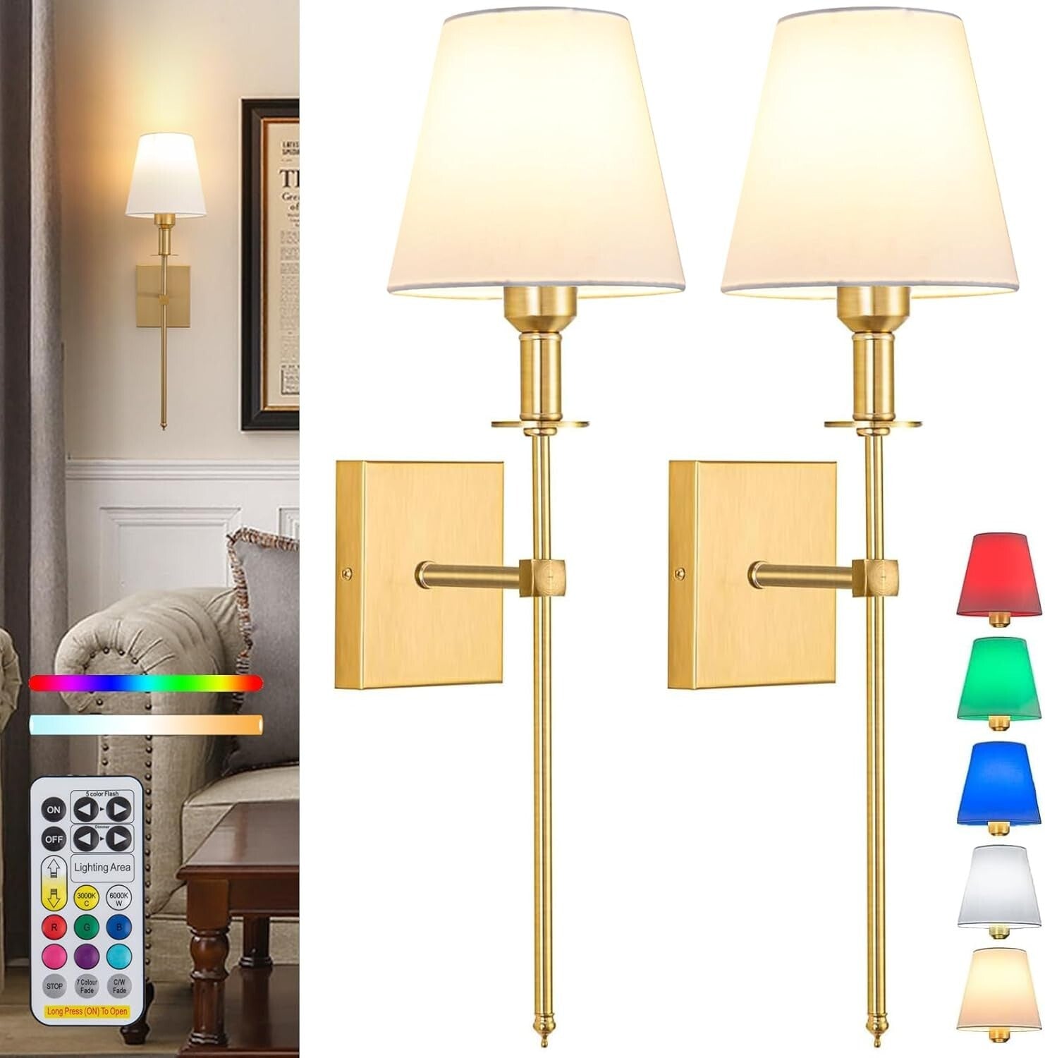 Elegant Gold Battery-Powered Wall Sconce Set - Dimmable & Adjustable Lighting