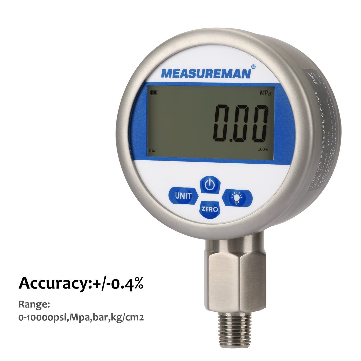 Battery-Powered 3-1/8" Digital Pressure Gauge: 0-5000 psi with LED Backlight