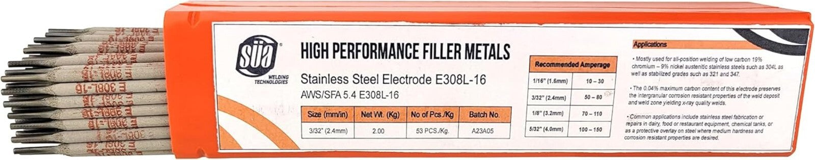 High-Performance E308L-16 Stainless Steel Electrode, 12" x 3/32", 4.4 LB