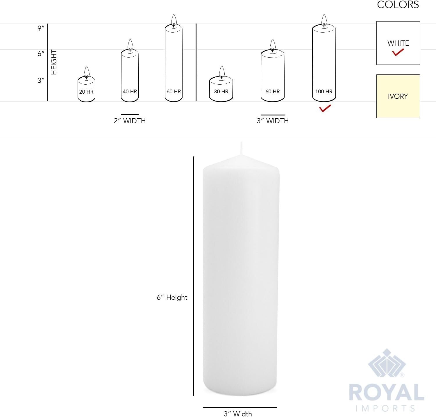 Classic 9" Unscented Pillar Candles - 100 Hours Ambient Light - Set of 6