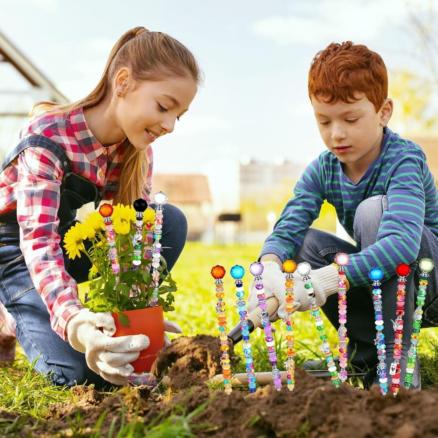 DIY Garden Stake Set with 236 Pieces: Colorful Beads and Crystal Accents