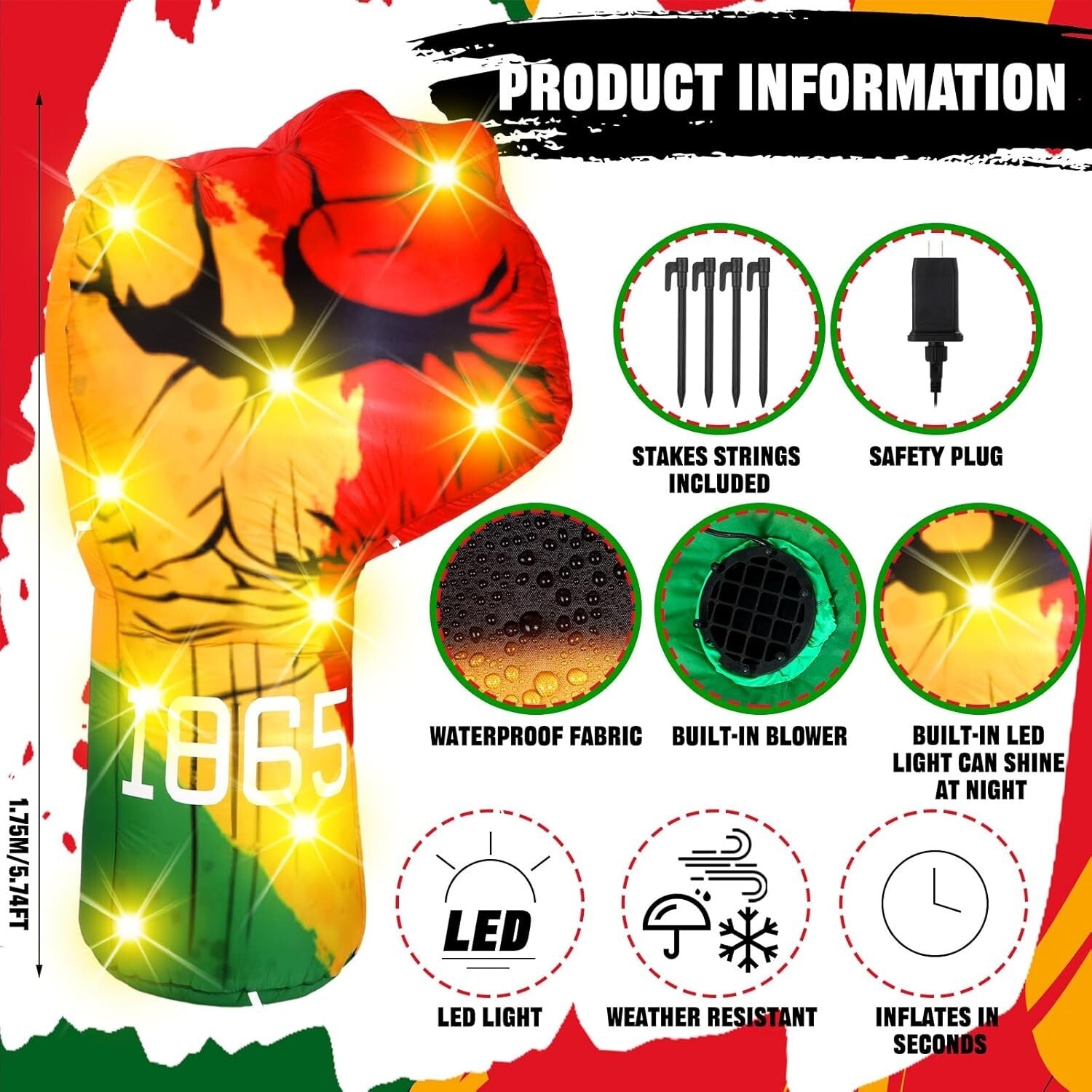 6ft LED Inflatable Freedom Fist Decoration - Perfect for Juneteenth Celebrations