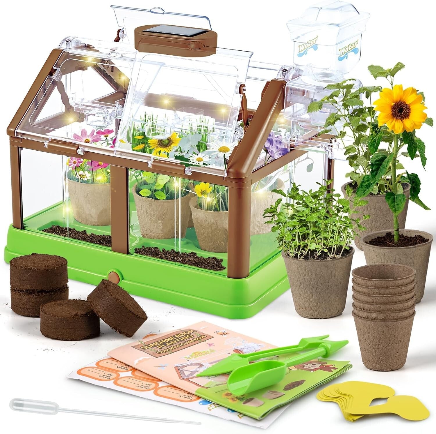 Interactive Kids Plant Growing Set - Mini Greenhouse with Irrigation & LED Light
