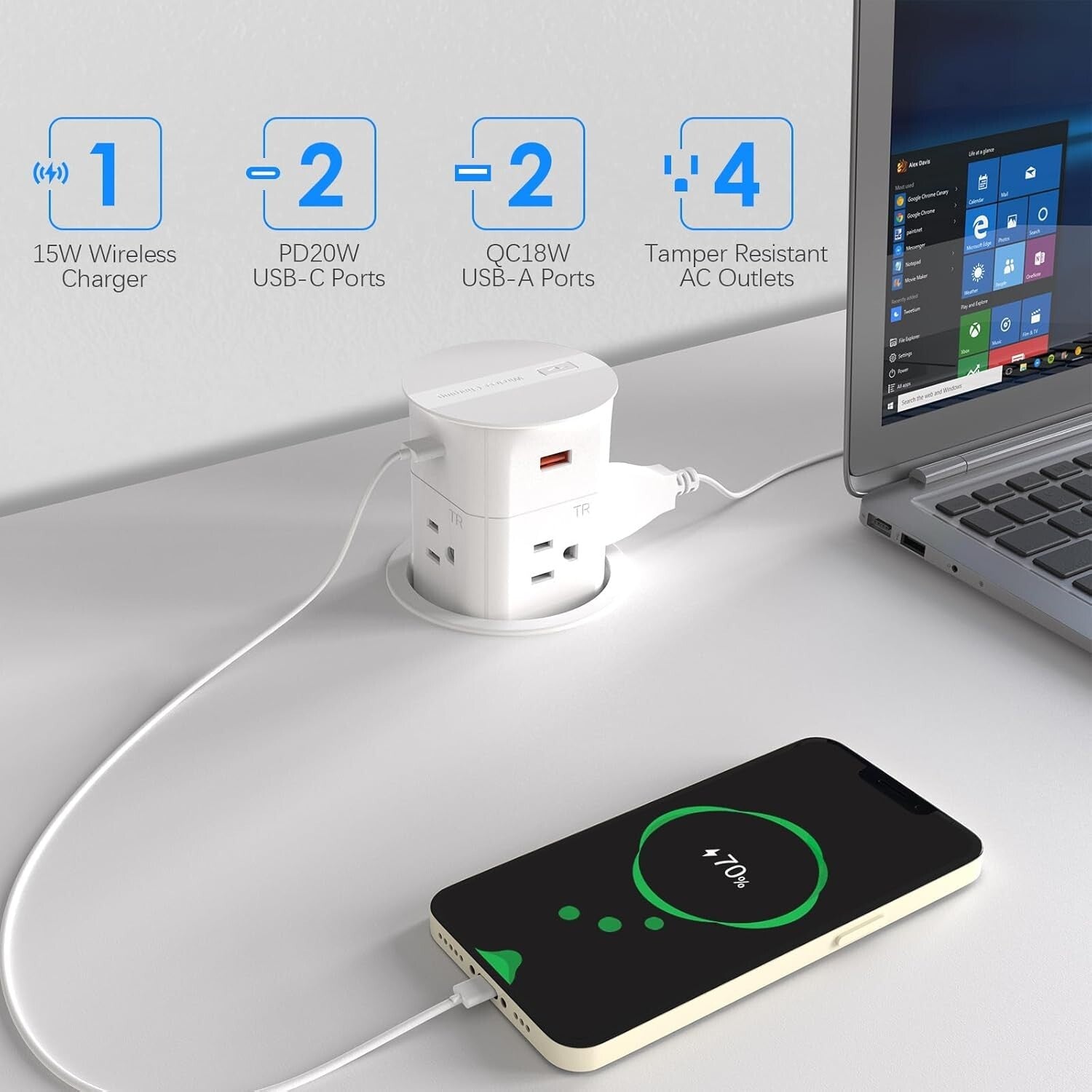 3.15" Pop-Up Countertop Outlet with 15W Wireless Charger & 800J Surge Protection