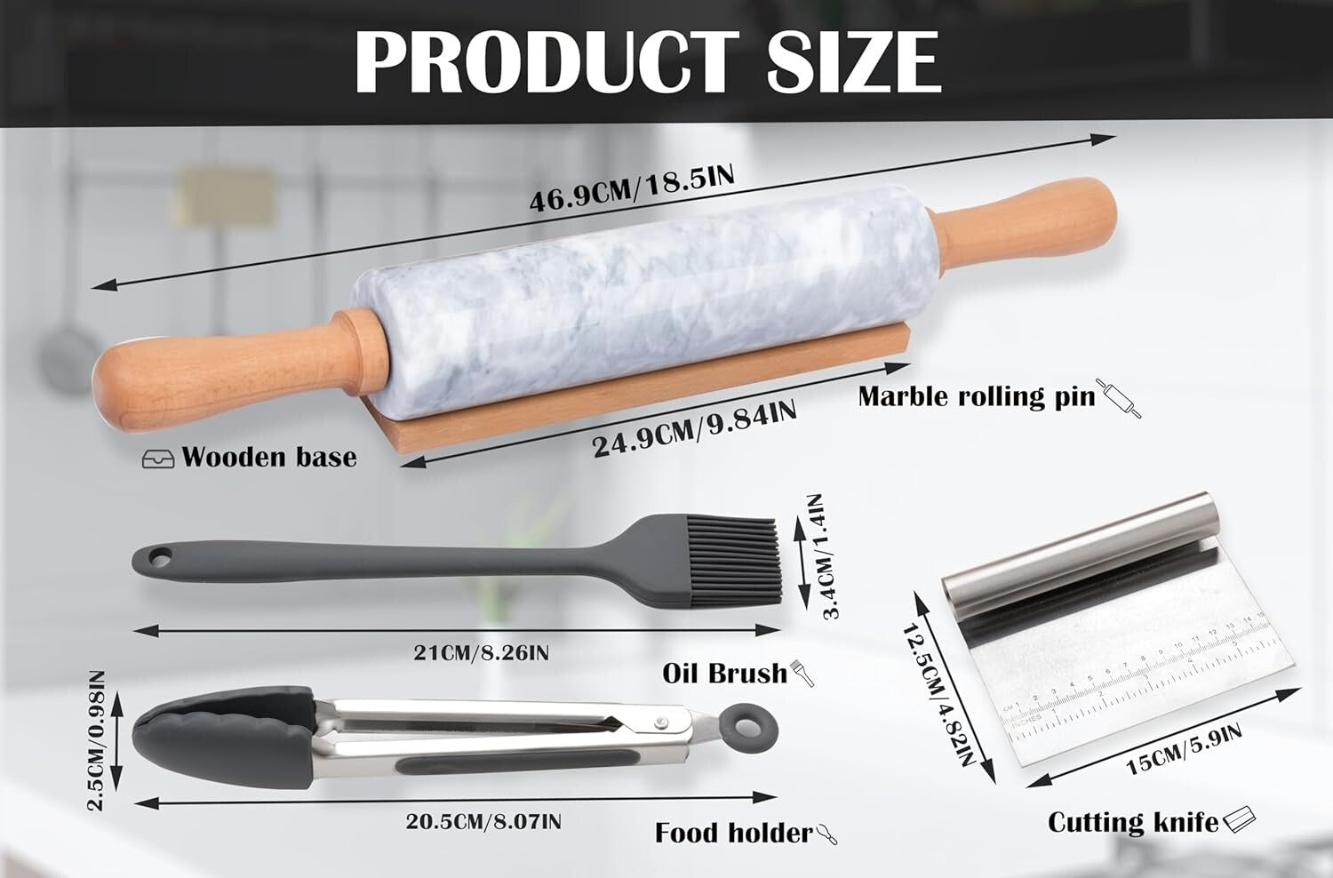 18.5-Inch Polished Marble Rolling Pin Set: Pastry Mat, Brush, & Tongs Included
