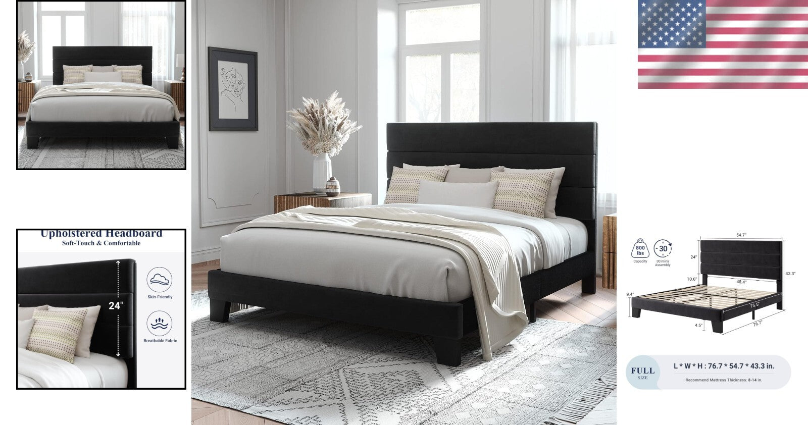 Luxurious Velvet Upholstered Full Size Bed Frame - Easy Assembly, No Box Spring