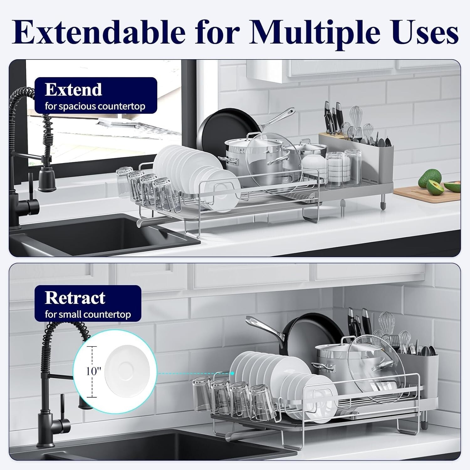 Large Extendable Dish Drying Rack - Rust-Resistant & Adjustable for Counter Use