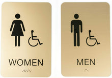 Load image into Gallery viewer, Durable Gold Acrylic Restroom Signs Set - 6" x 9" with Braille Accessibility