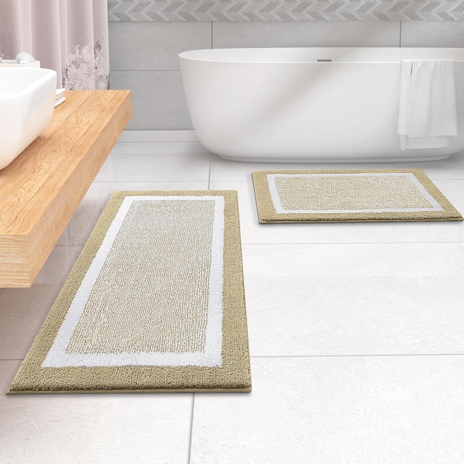 Absorbent Non-Slip 3-Piece Microfiber Bathroom Rugs Set - Elegant Beige Design