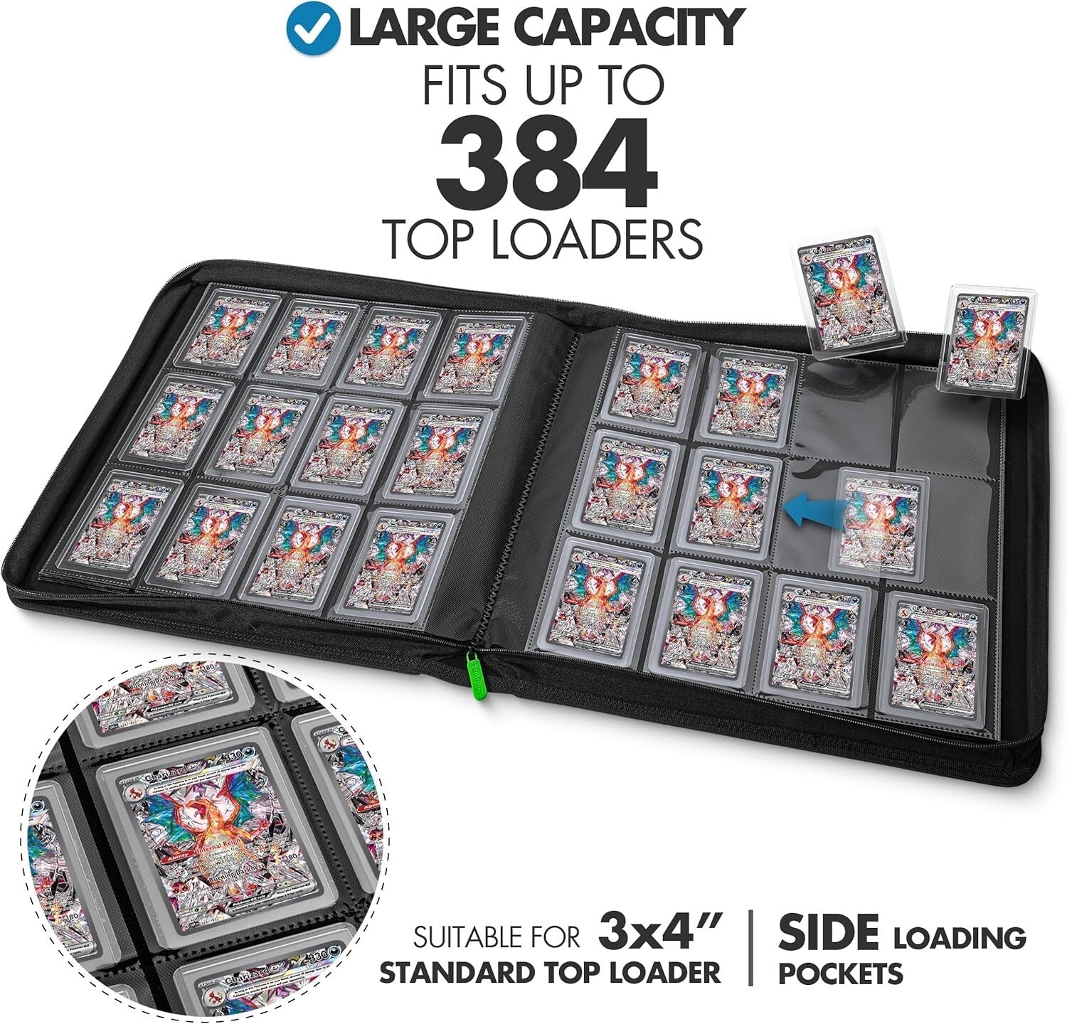 Durable 384 Card Toploader Binder with Water-Resistant Cover and Zipper Closure