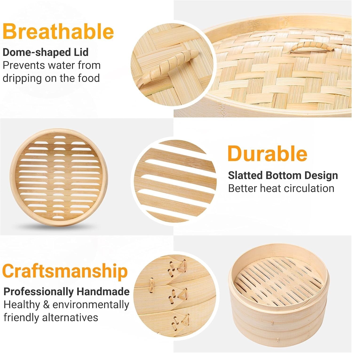 Authentic Bamboo Steamer with Extra Depth for Steaming Fish, Dumplings & Veggies