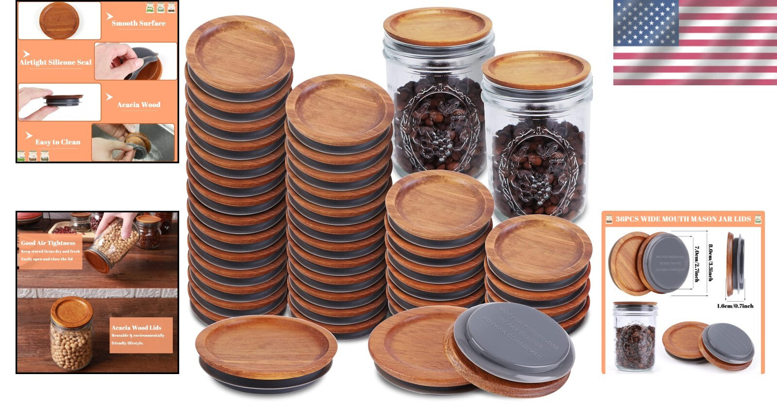 Elegant 36-Piece Acacia Wooden Lids for Wide Mouth Mason Jars - Airtight Seal