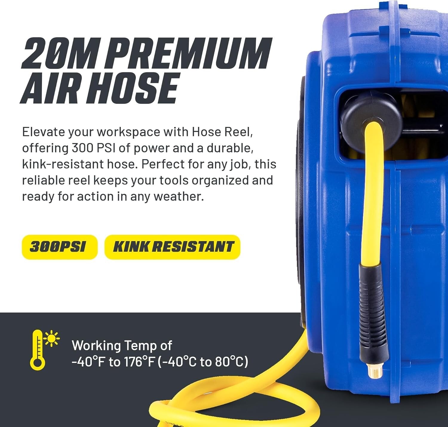 Durable 65' Air Hose Reel - Impact-Resistant Polypropylene with 300 PSI Pressure