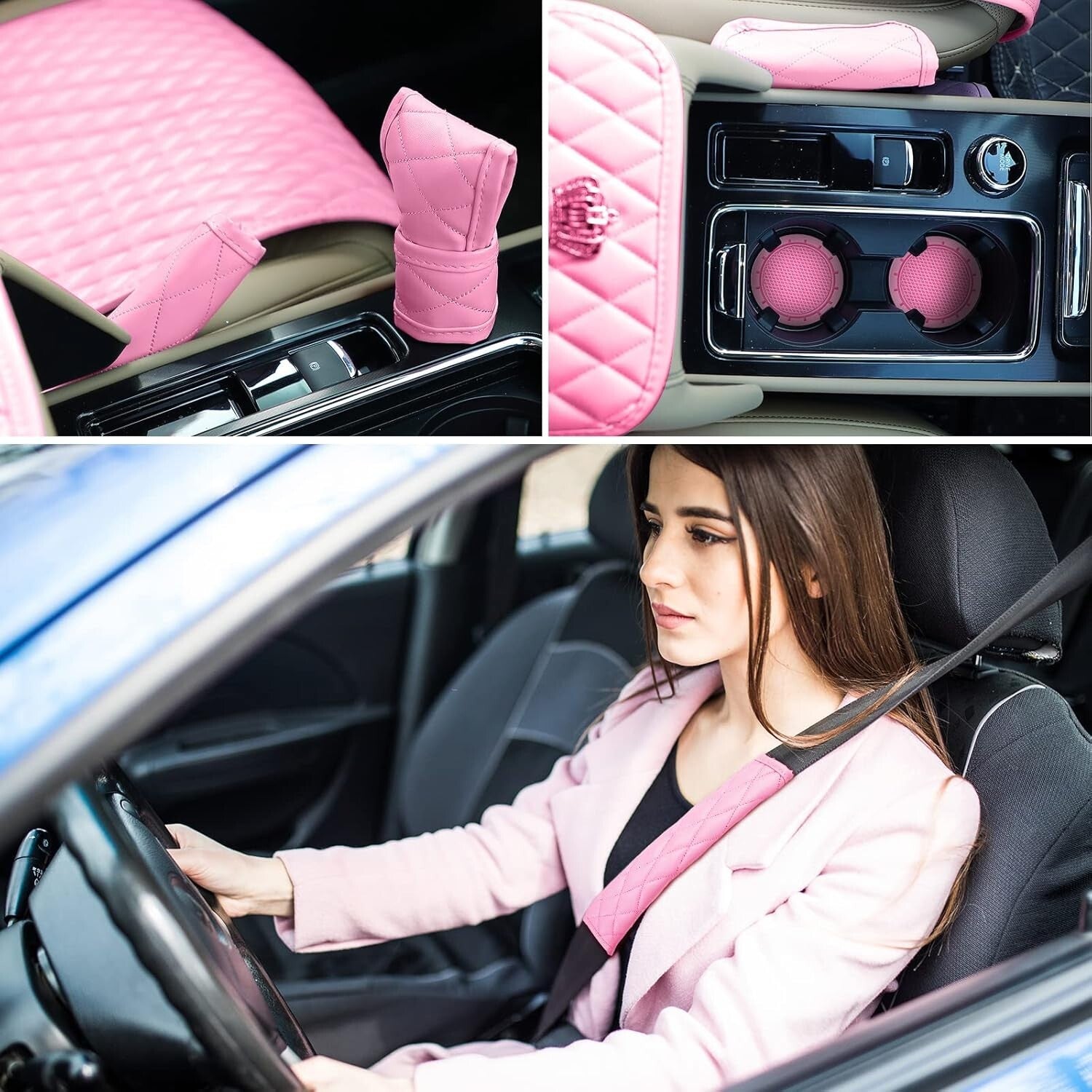 Elegant 14-Piece Pink Car Accessory Collection with Rhinestone Steering Wheel