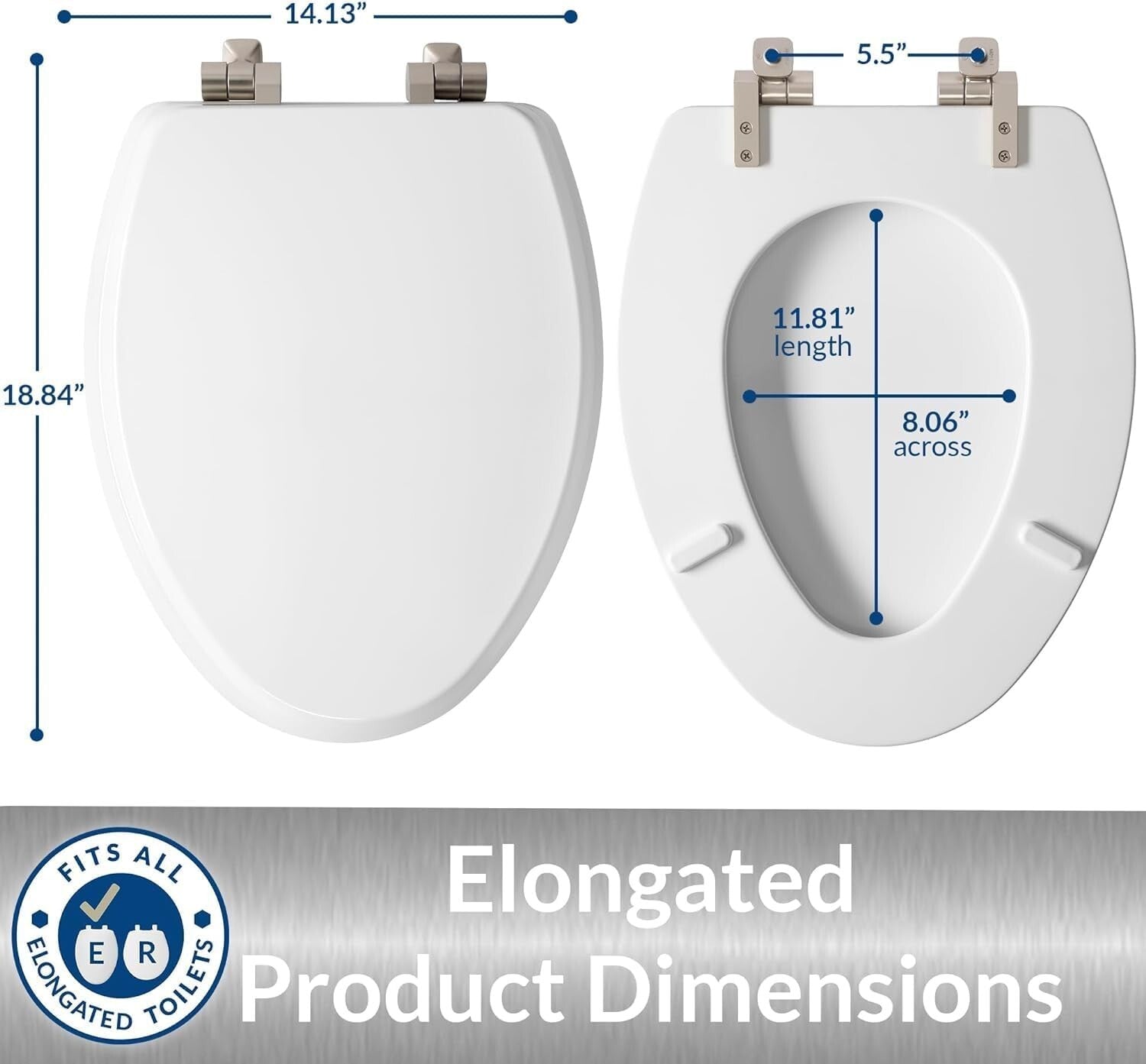 Durable Bennett Toilet Seat: Brushed Nickel Hinges, Elongated, Soft Close Design