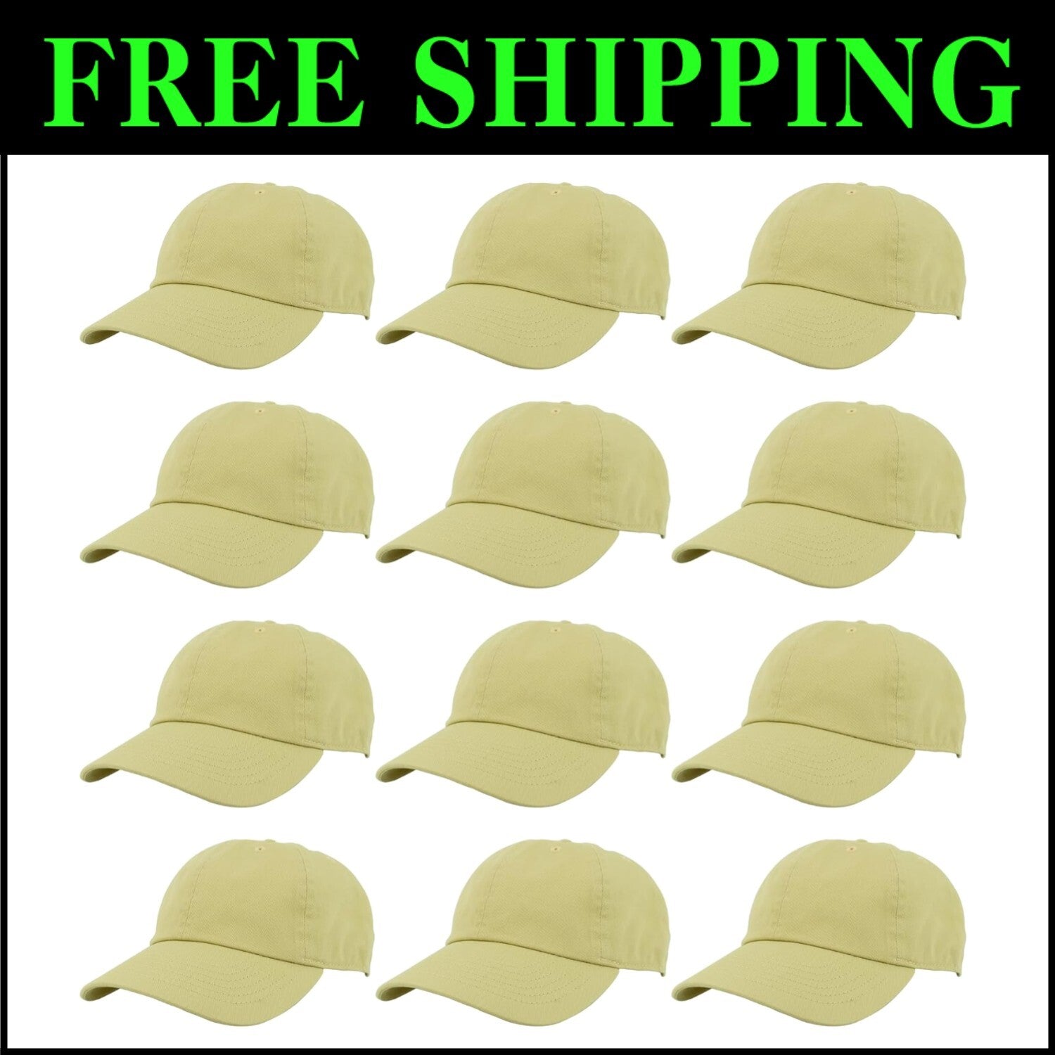 Wholesale Bulk of 12 Light Yellow 100% Cotton Adjustable Baseball Caps