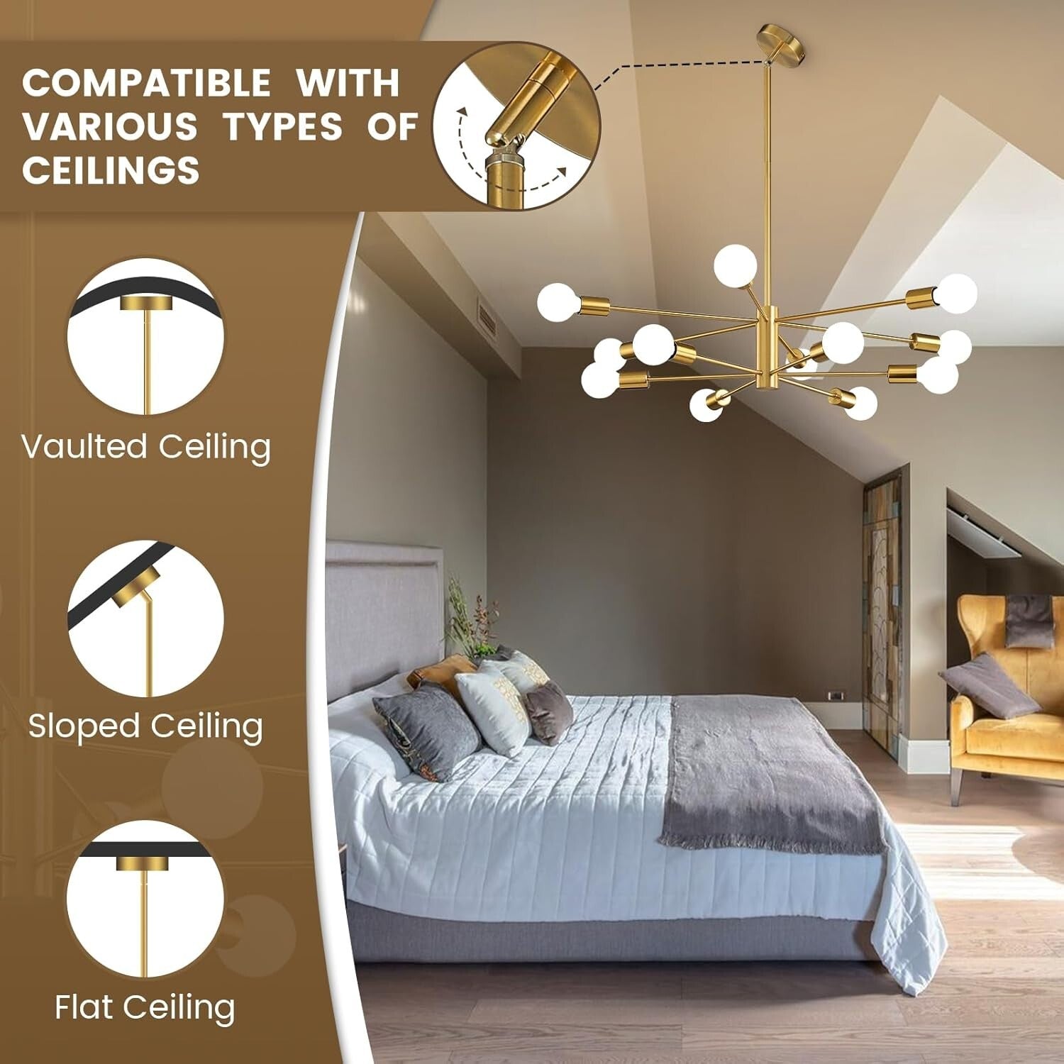 Adjustable Height Gold Chandelier - 12-Light Ceiling Fixture for Modern Homes