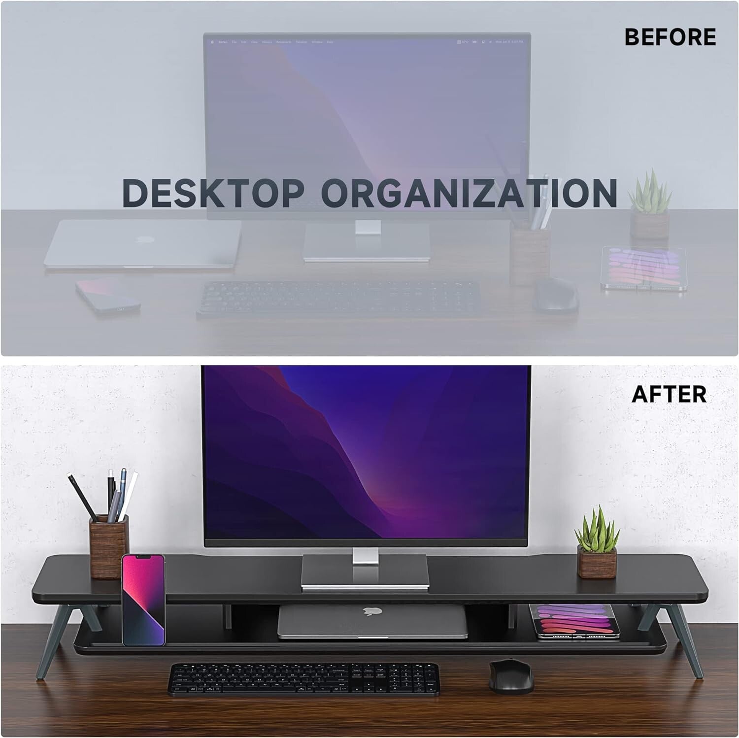 42.5 Inch Ergonomic Dual Monitor Riser - Stylish Desktop Organizer with Storage