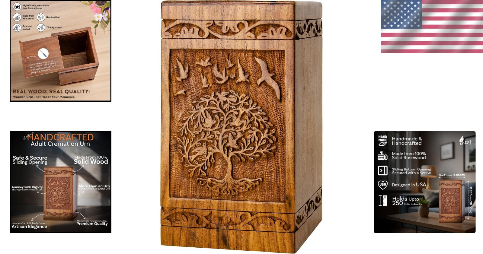 Artisan-Crafted Wooden Urn for Ashes - 250 lbs Capacity with Sliding Opening