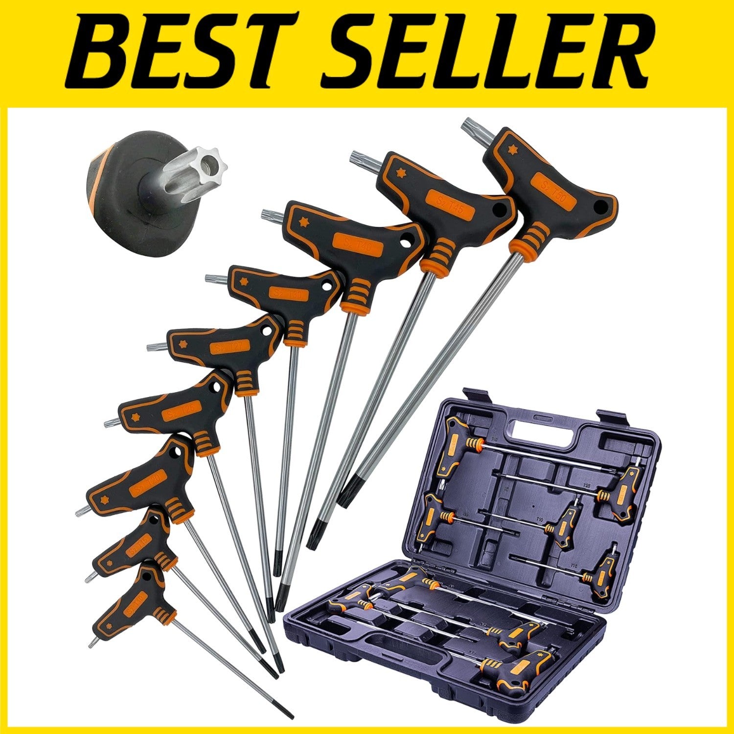 Durable T-handle Torx Wrench Set - Precision Cut Sizes T10 to T50 in Storage Box