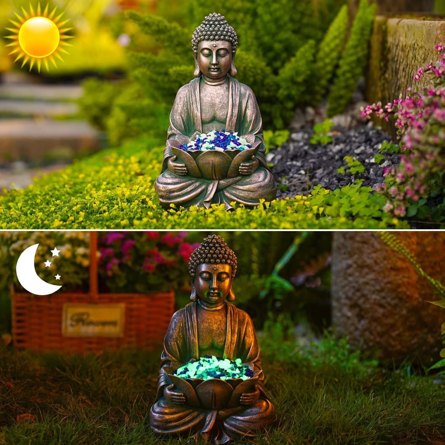 Meditating Buddha Sculpture - Indoor/Outdoor 12" Garden Decor with Glass Stones