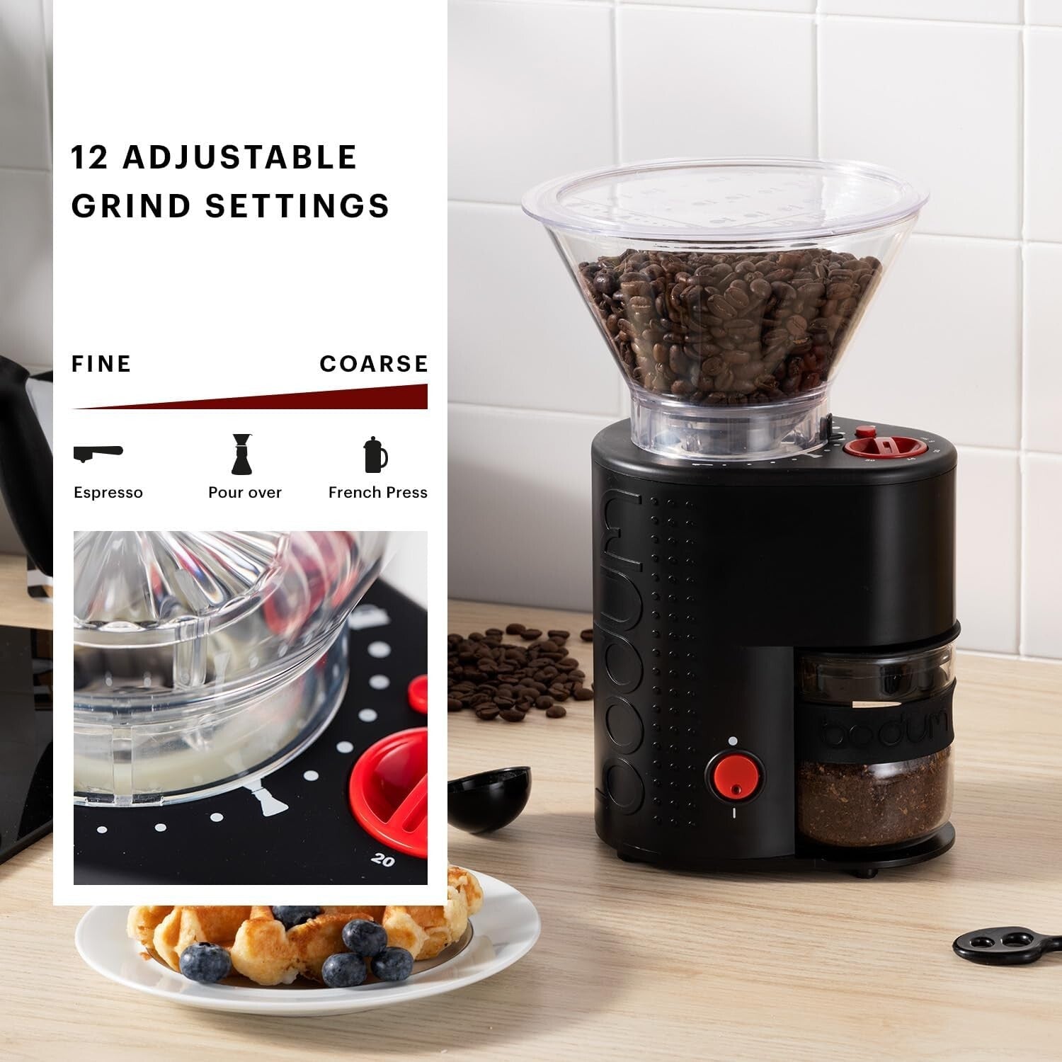 Versatile Electric Burr Coffee Grinder with 12 Settings & Borosilicate Catcher