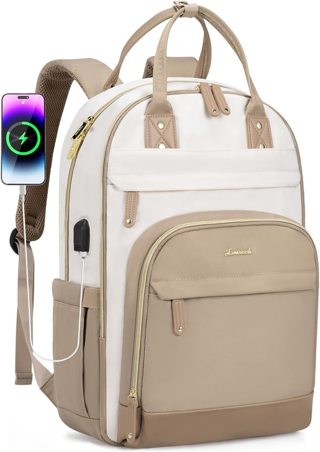 Durable USB Charging Backpack for 15.6 Inch Laptop - Water-Resistant Beige-Khaqi