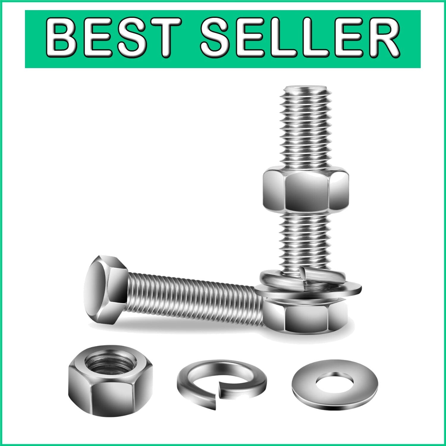 1/2-13 x 2" Fully Threaded Hex Bolts with Flat & Lock Washers - 18-8 Steel Set