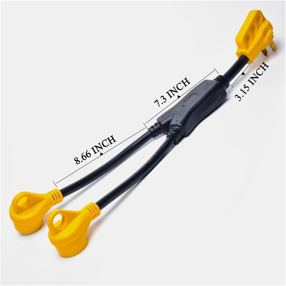 Durable 2.5ft RV Power Adapter: 50A Male to Twin 30A Female with Comfort Grip