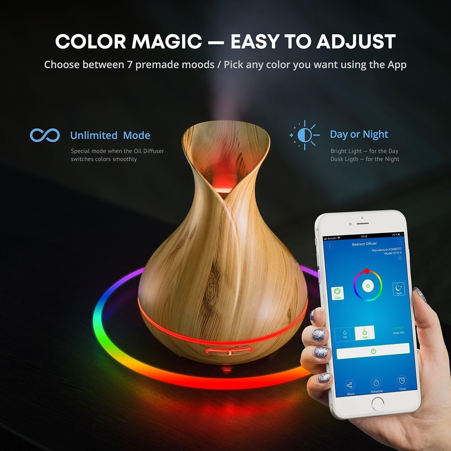 Customizable Smart Diffuser for Essential Oils – 12-Hour Runtime & Scheduling