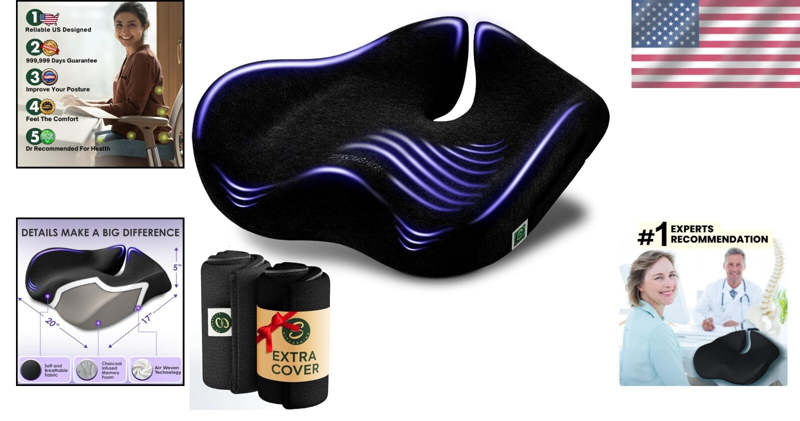 30% Larger Office Chair Cushion - Portable Memory Foam for Pain Relief & Comfort