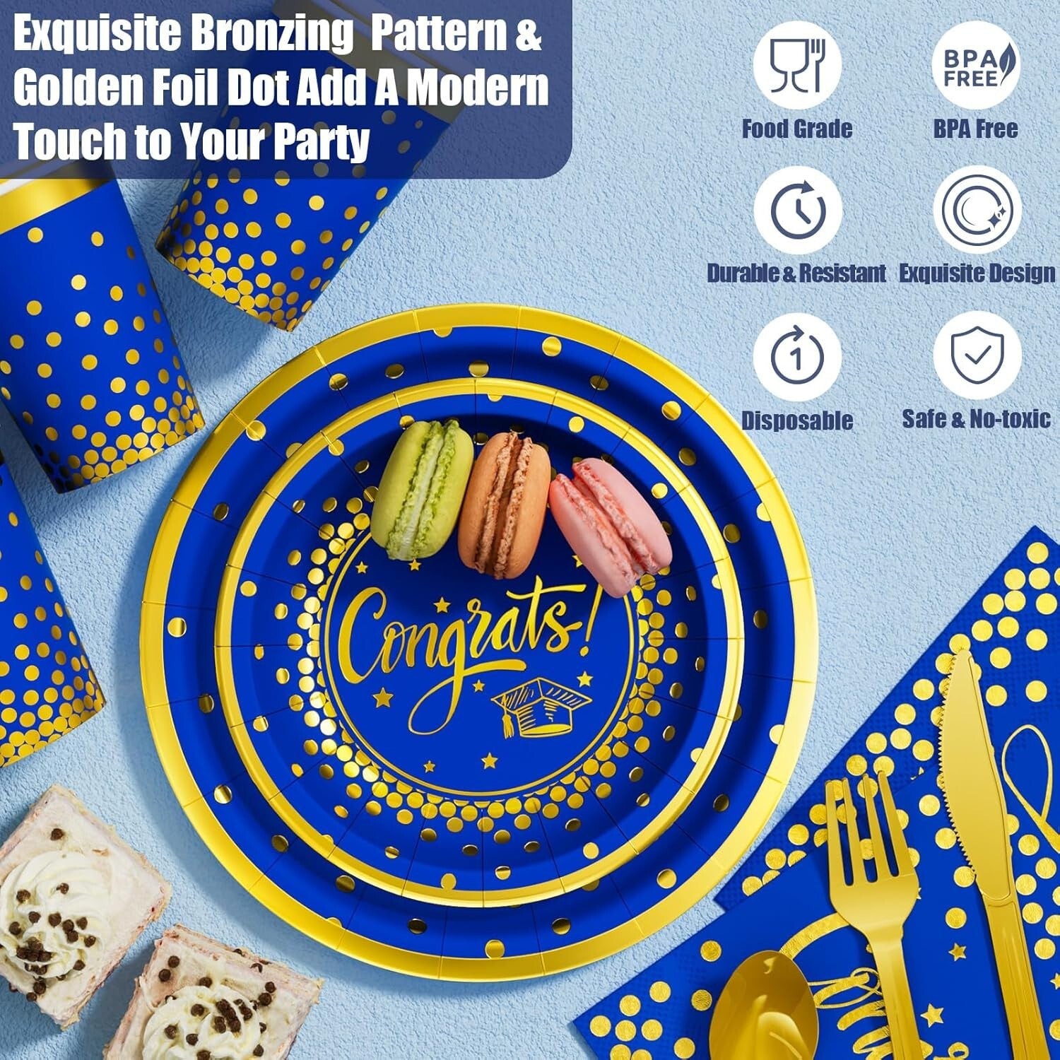 2025 Graduation Party Supplies - 245 PCS Blue & Gold Complete Decoration Kit