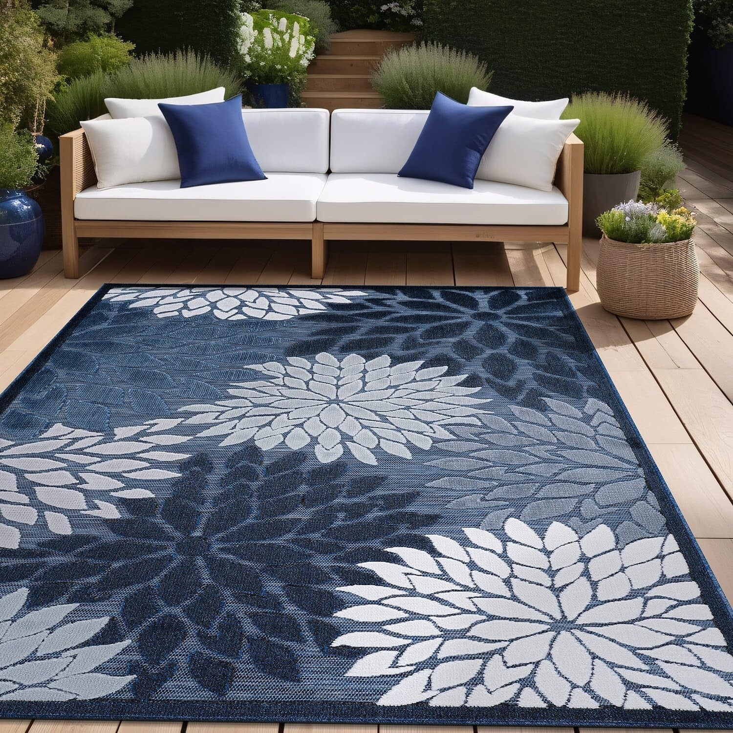 Stain Resistant Navy Blue Floral Area Rug 6x9 for Indoor & Outdoor Elegance